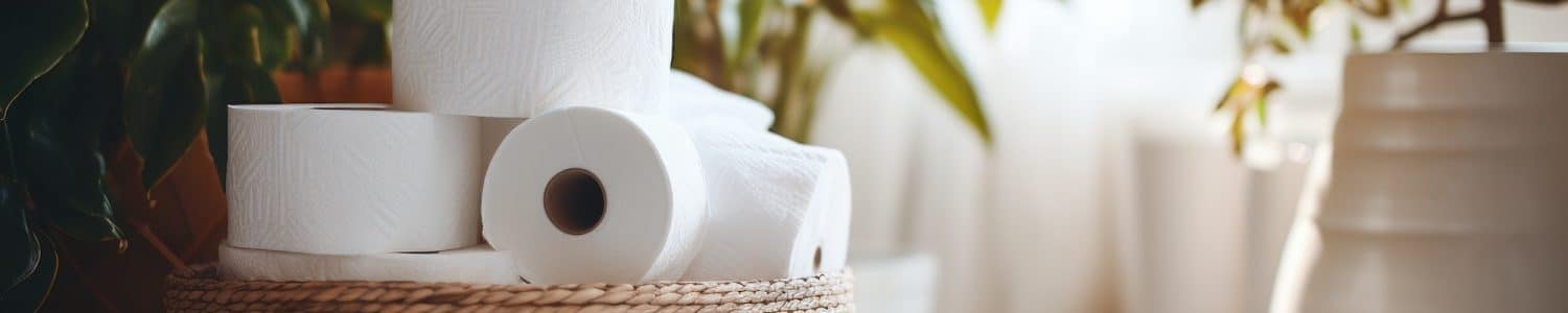 Photograph of Basket with paper rolls on ceramic toilet bowl in modern bathroom.