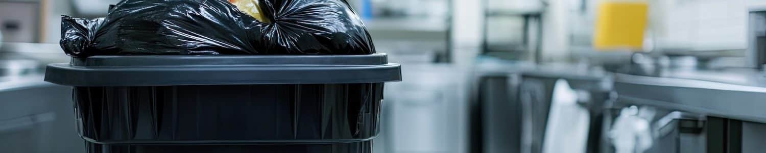 Open garbage can with black trash bag and visible contents, placed in a commercial kitchen environment